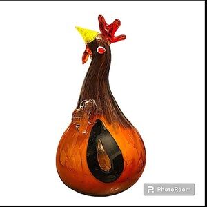 Hand Blown Studio Art Gourd Glass Tall Rooster Brown Figurine.